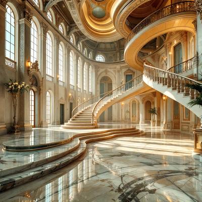 The primary subject of the image is a grand staircase in a large, ornate building. The staircase is made of marble and features a gold railing. The setting is a spacious, well-lit room with a high ceiling, giving the impression of a luxurious and elegant space. The visual style of the image is a combination of photo and digital art, creating a realistic yet artistic representation of the staircase. The colors and mood of the image are predominantly warm and inv